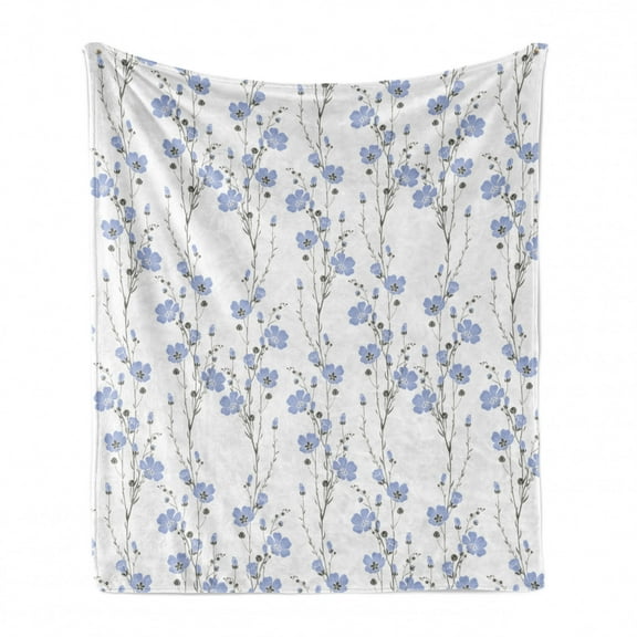 Botanical Soft Flannel Fleece Throw Blanket, Vertically Budding Flax Flowers Stems Branches Garden Art, Cozy Plush for Indoor and Outdoor Use, 50" x 70", Dark Sepia Lavender Blue, by Ambesonne