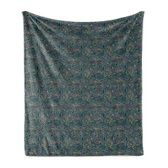 Botanical Soft Flannel Fleece Throw Blanket, Vintage Muted Tone Leaves on Dark Background, Cozy Plush for Indoor and Outdoor Use, 50" x 70", Petrol Blue Reseda Green, by Ambesonne