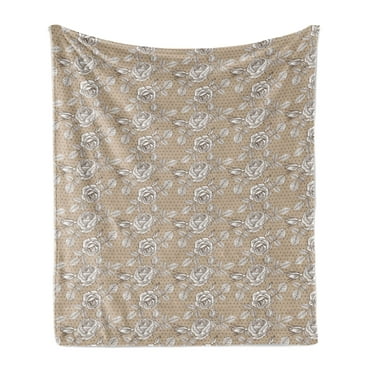 Botanical Soft Flannel Fleece Throw Blanket, Vintage Pattern with Outline Sketch Roses with Polka Dots Print, Cozy Plush for Indoor and Outdoor Use, 50" x 70", Tan Chestnut Brown, by Ambesonne