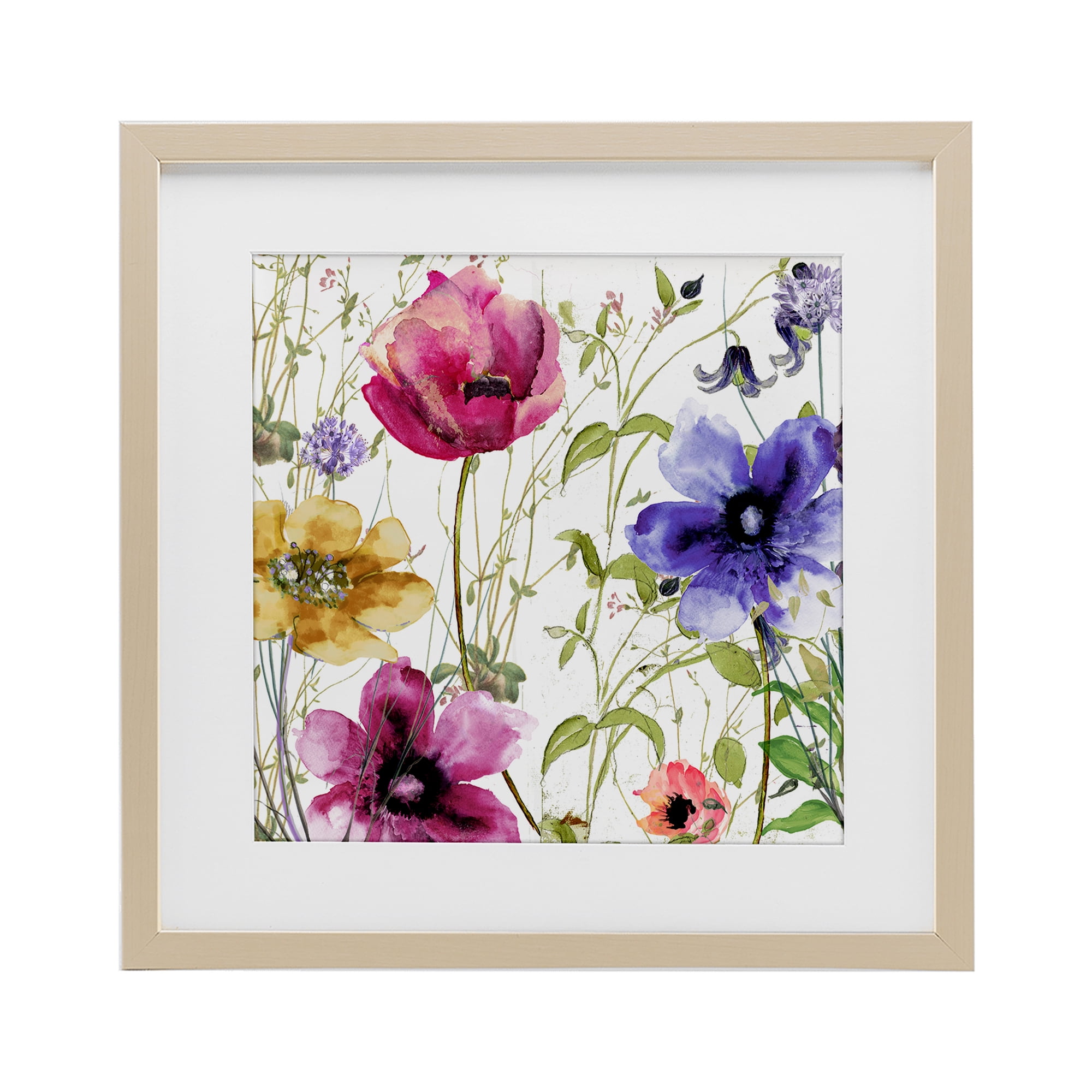Botanical Spring Garden Blooms Birch Framed Print Under Glass, design by Sasha