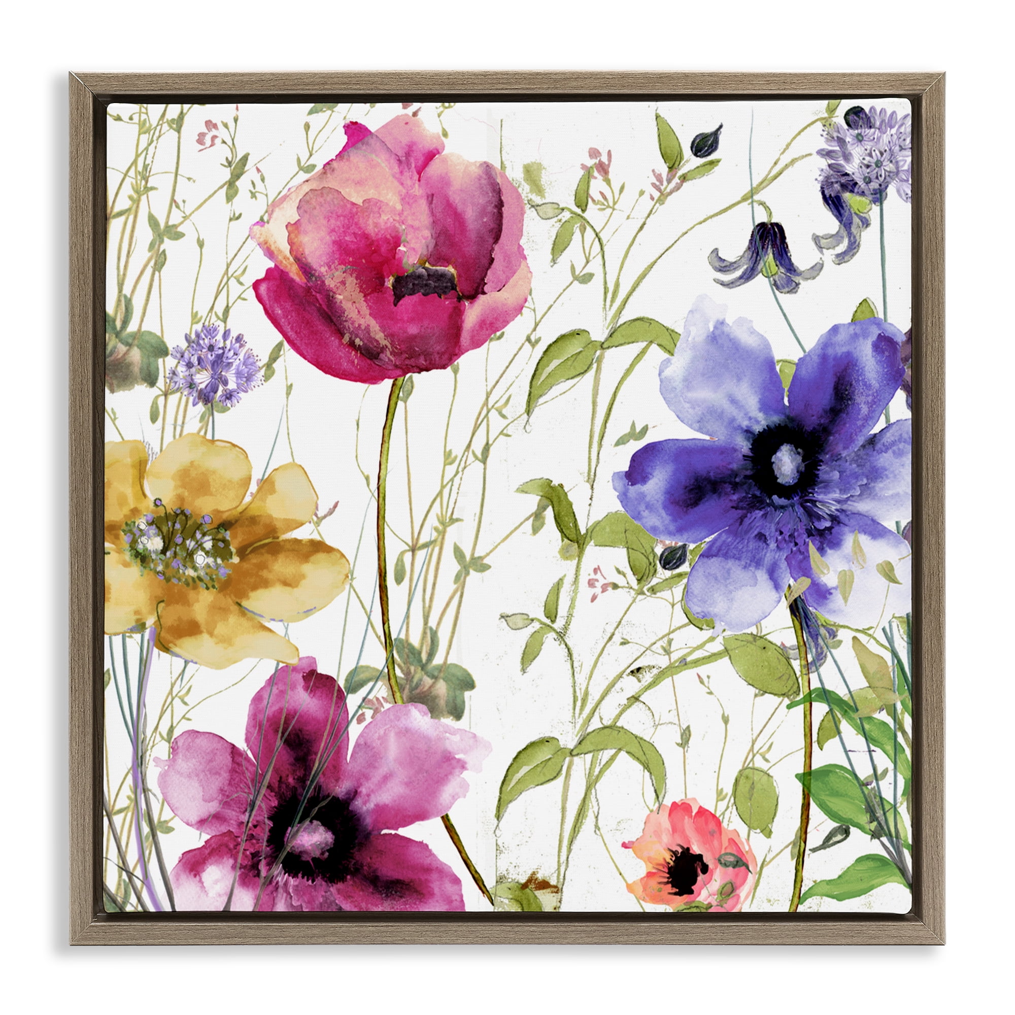 Botanical Spring Garden Blooms Brown Framed Floater Canvas Wall Art, design by Sasha