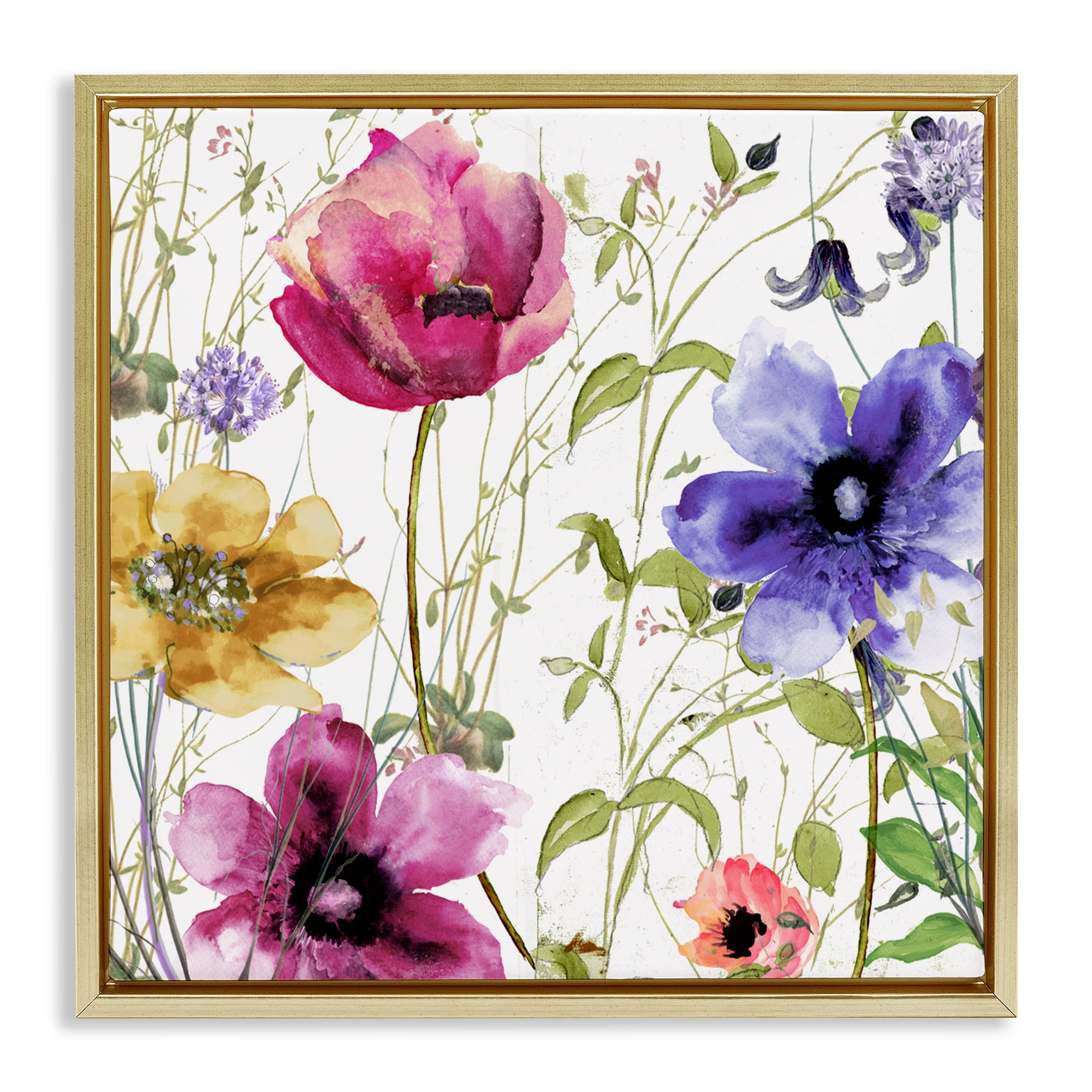 Botanical Spring Garden Blooms Gold Framed Floater Canvas Wall Art, design by Sasha