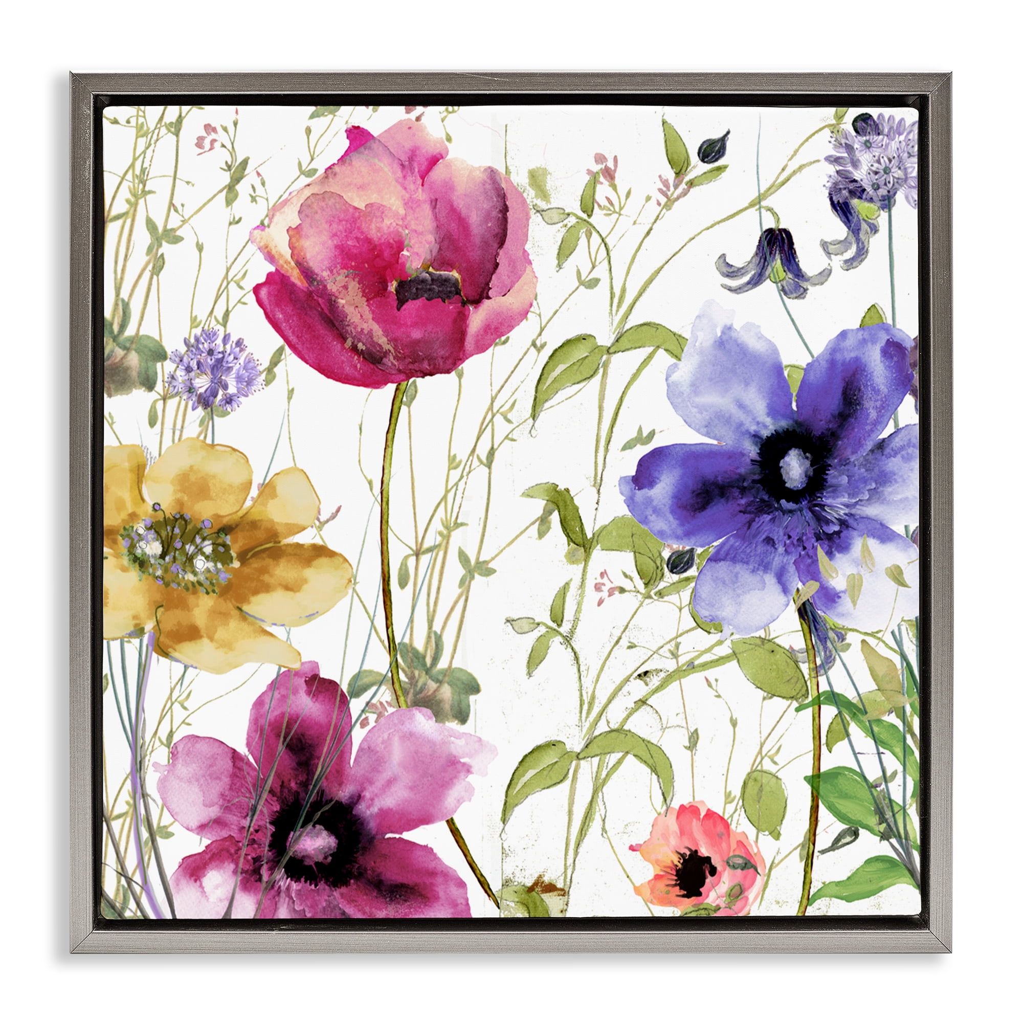 Botanical Spring Garden Blooms Gray Framed Floater Canvas Wall Art, design by Sasha