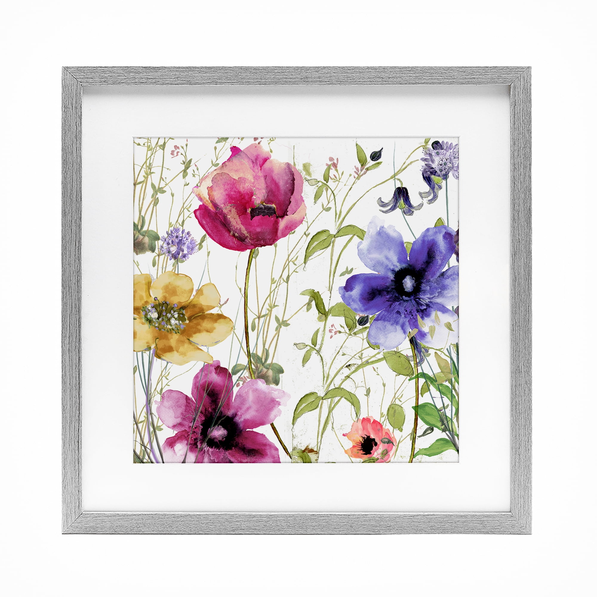 Botanical Spring Garden Blooms Gray Framed Print Under Glass, design by Sasha