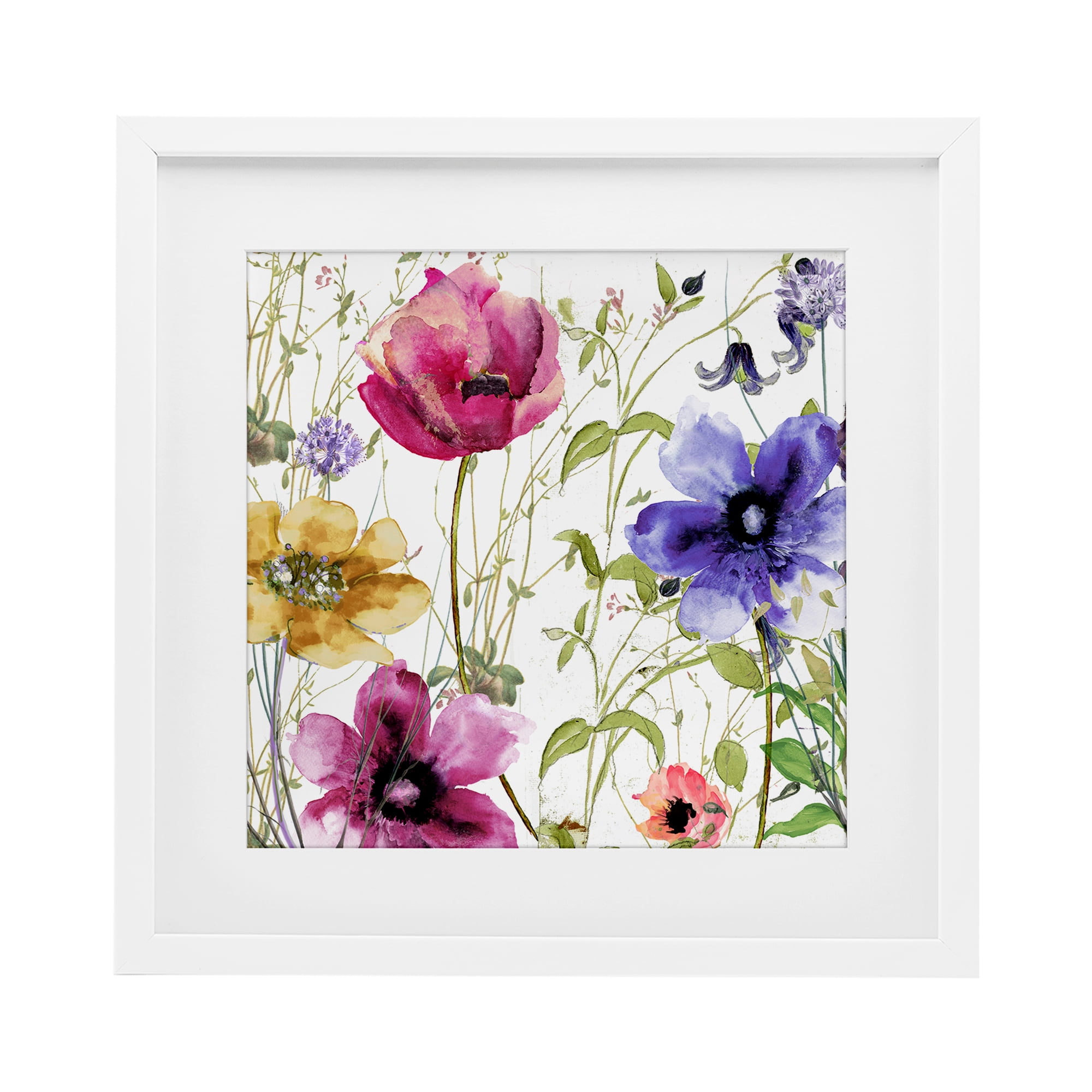 Botanical Spring Garden Blooms White Framed Print Under Glass, design by Sasha