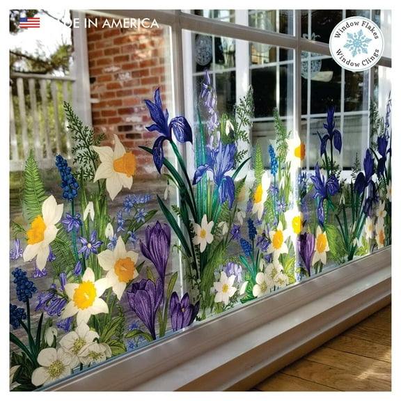 Botanical Springtime Flower Window Cling Decal. Crocuses, Ferns, Daffodils, Snowdrops. Home Decor Decoration for Glass. Spring Vinyl Sticker. Made in America.