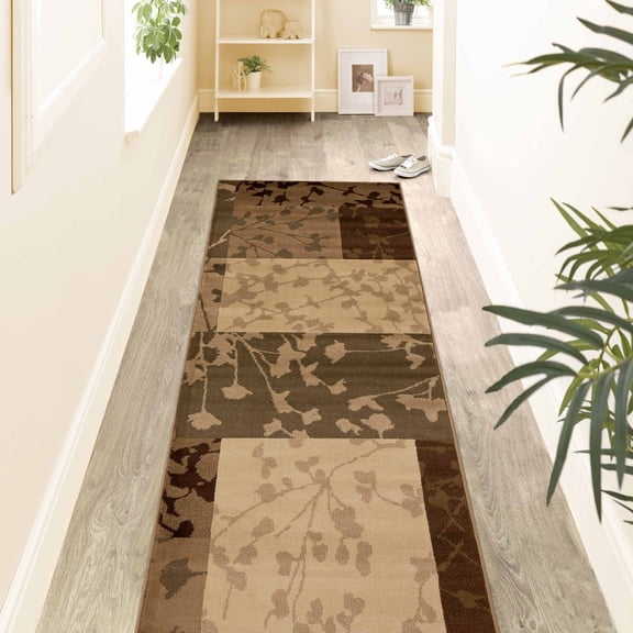 Botanical Square Geometric Power-Loomed Indoor Runner, 2' 7" x 8, Beige