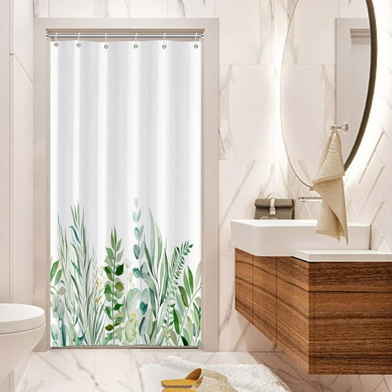Botanical Stall Shower Curtain, Watercolor Green Leaves Plants Floral Small Dorm Bathroom Curtain, Spring Natural Grove Narrow Shower Curtain for Bathroom Set with 6 Hooks, 36Wx72L