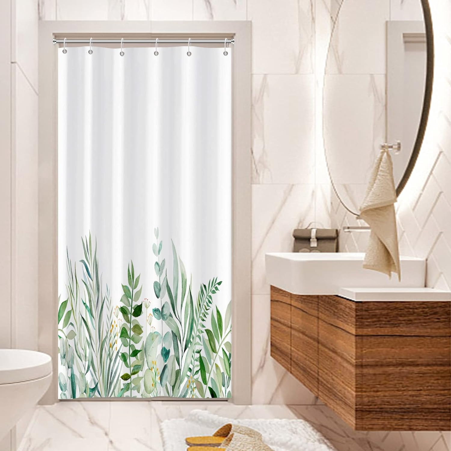 Botanical Stall Shower Curtain, Watercolor Green Leaves Plants Floral ...