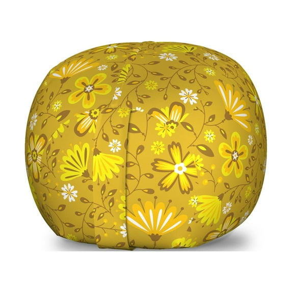 Botanical Storage Toy Bag Chair, Aster Daisy Blossoms Field Spring Gardening Meadow Swirly Leaf, Stuffed Animal Organizer Washable Bag, Large Size, Earth Yellow and Marigold, by Ambesonne