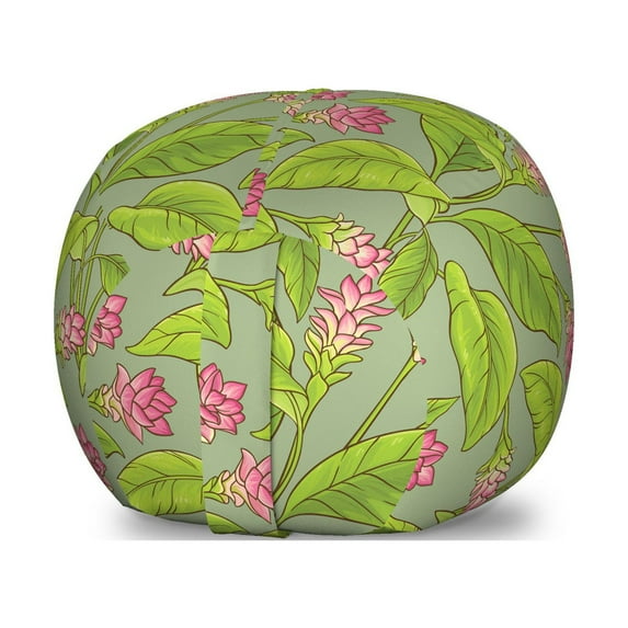 Botanical Storage Toy Bag Chair, Floral Pattern Cartoonish Turmeric Flower Blossom, Stuffed Animal Organizer Washable Bag, Small Size, Green Apple Green, by Ambesonne