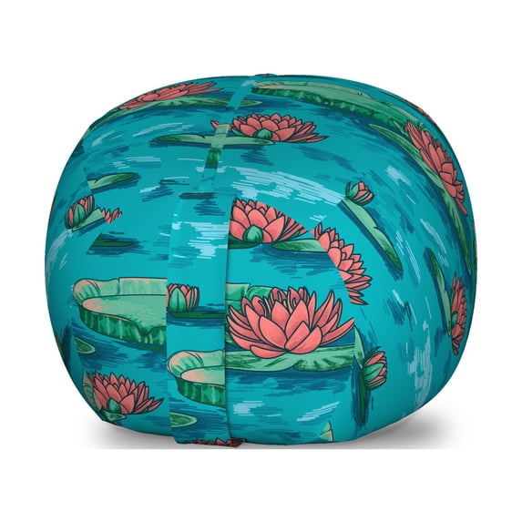 Botanical Storage Toy Bag Chair, Lotus Flowers on the Lake Water Lilies Exotic Boho Pond Pattern, Stuffed Animal Organizer Washable Bag, Small Size, Sea Blue Coral Green, by Ambesonne