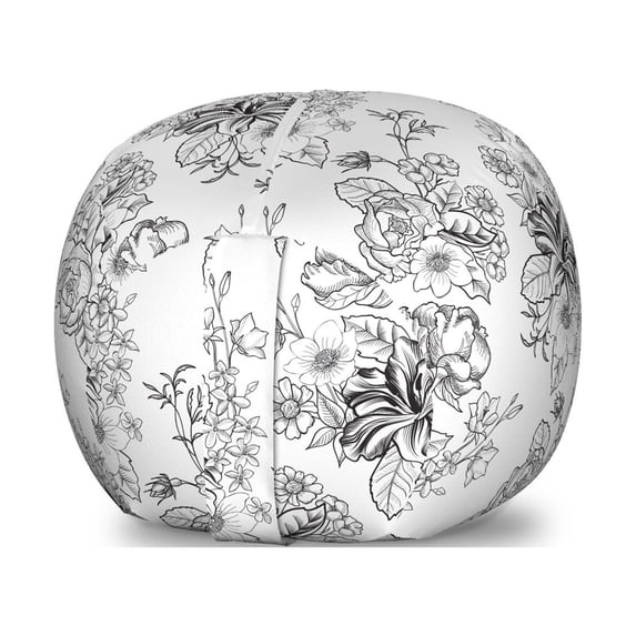 Botanical Storage Toy Bag Chair, Meadow Blossoms Peony Petals Rural Flourish Bouquets Leaf Field, Stuffed Animal Organizer Washable Bag, Small Size, Charcoal Grey and White, by Ambesonne