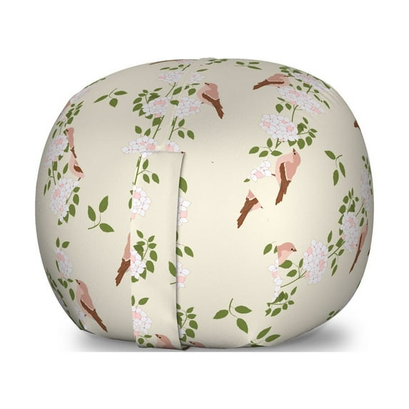 Botanical Storage Toy Bag Chair, Ornamental Hortensia and Birds Composition, Stuffed Animal Organizer Washable Bag, Large Size, Eggshell Pale Redwood, by Ambesonne