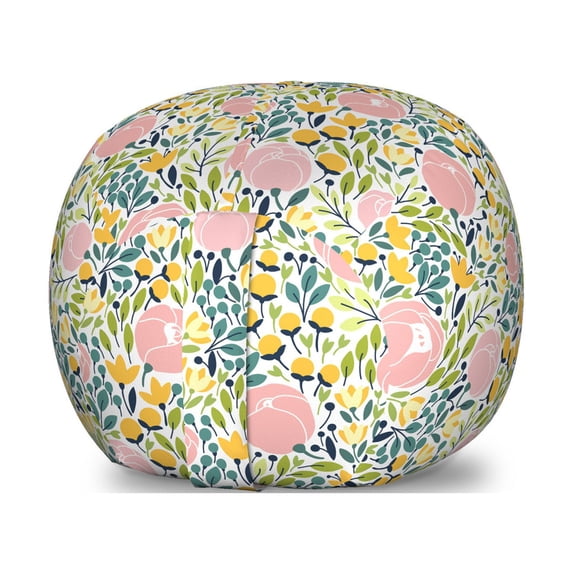 Botanical Storage Toy Bag Chair, Pastel Meadow Blossoms Revival Rose Buds Leaves Aster Garden Art, Stuffed Animal Organizer Washable Bag, Large Size, Blush Lime Green Mustard, by Ambesonne