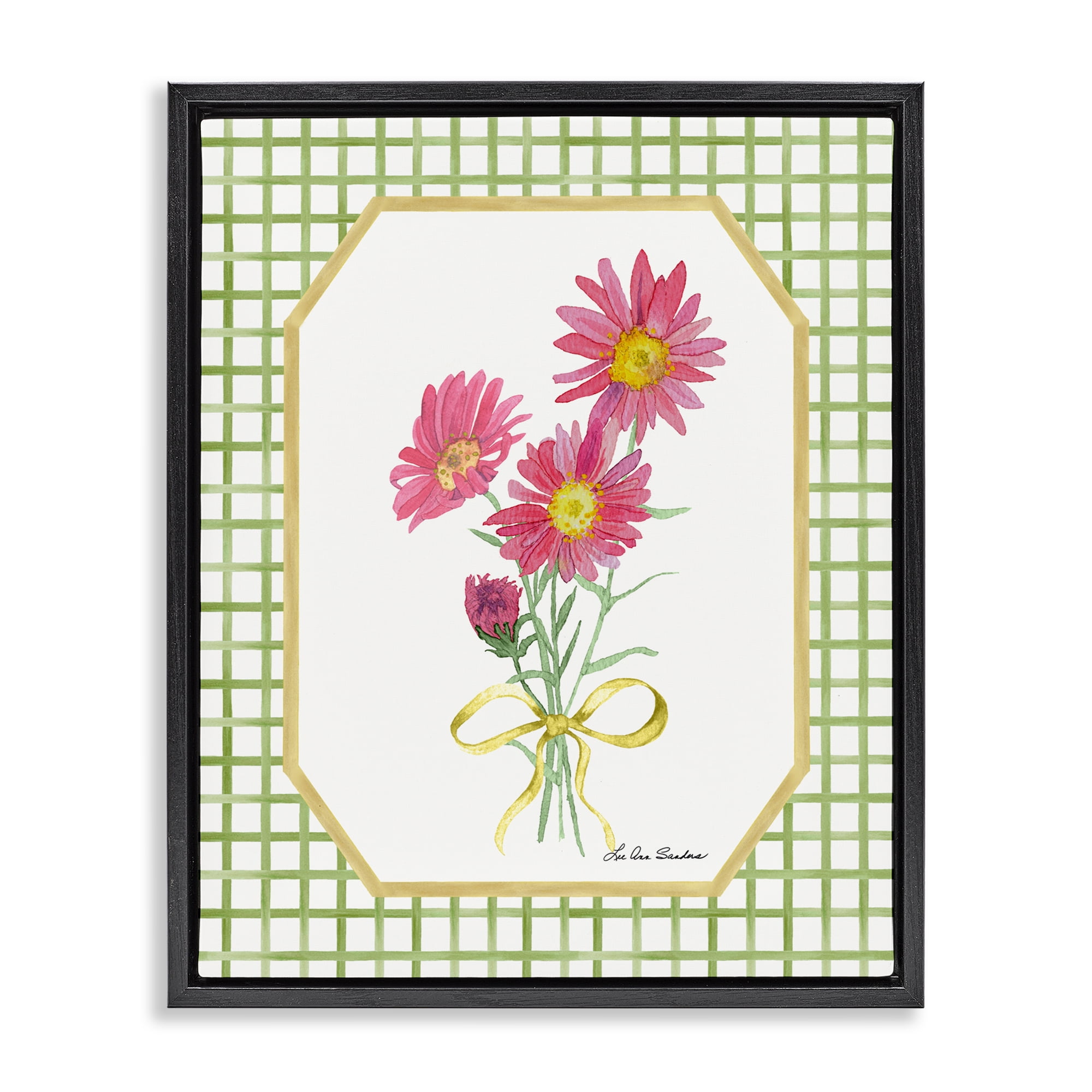 Botanical Story on Gingham Black Framed Floater Canvas Wall Art, design by Lee Ann Sanders