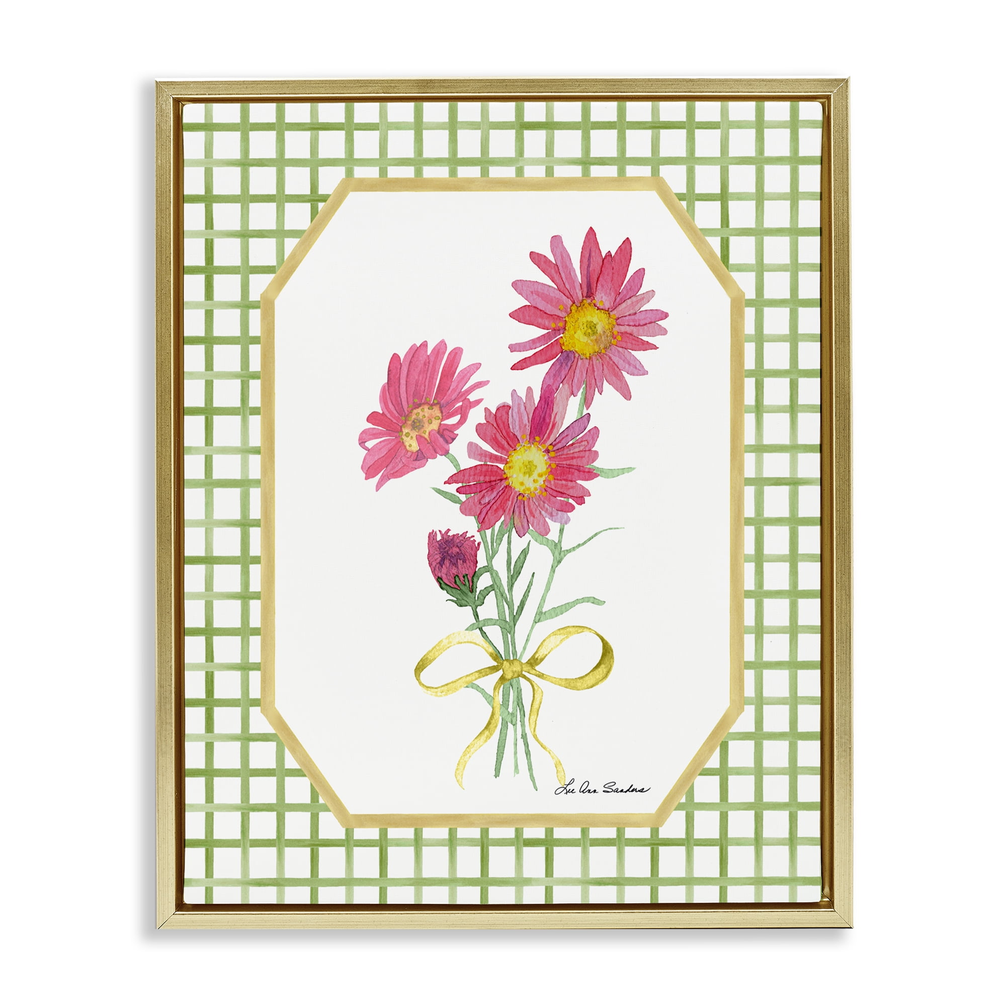 Botanical Story on Gingham Gold Framed Floater Canvas Wall Art, design by Lee Ann Sanders