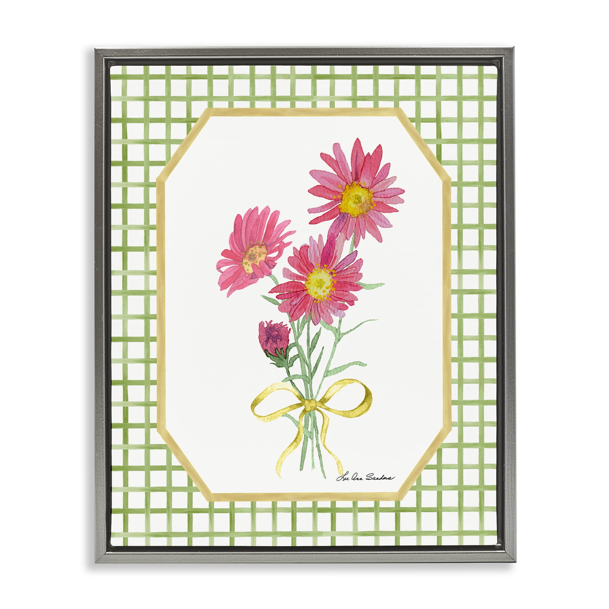 Botanical Story on Gingham Gray Framed Floater Canvas Wall Art, design by Lee Ann Sanders