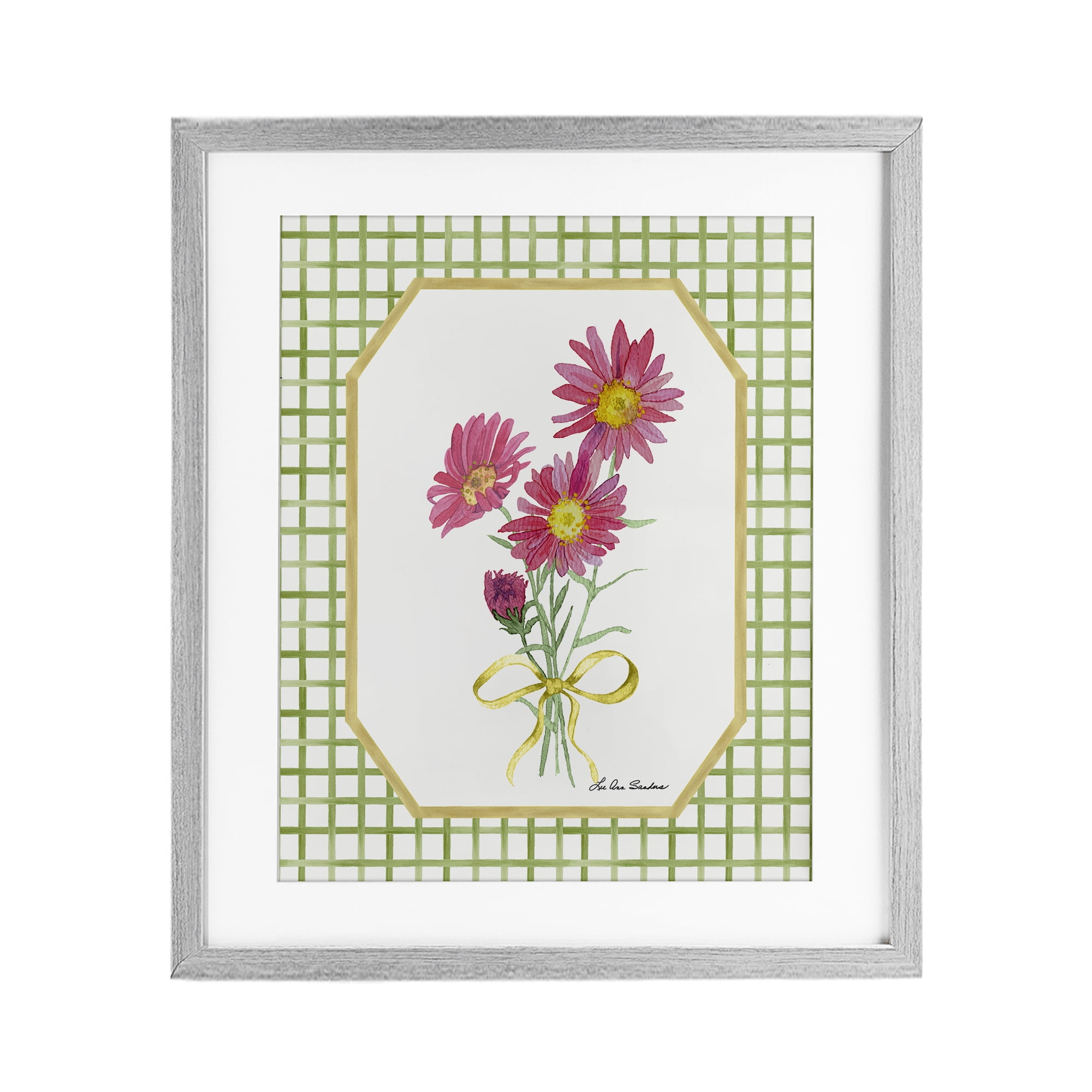 Botanical Story on Gingham Gray Framed Print Under Glass, design by Lee Ann Sanders