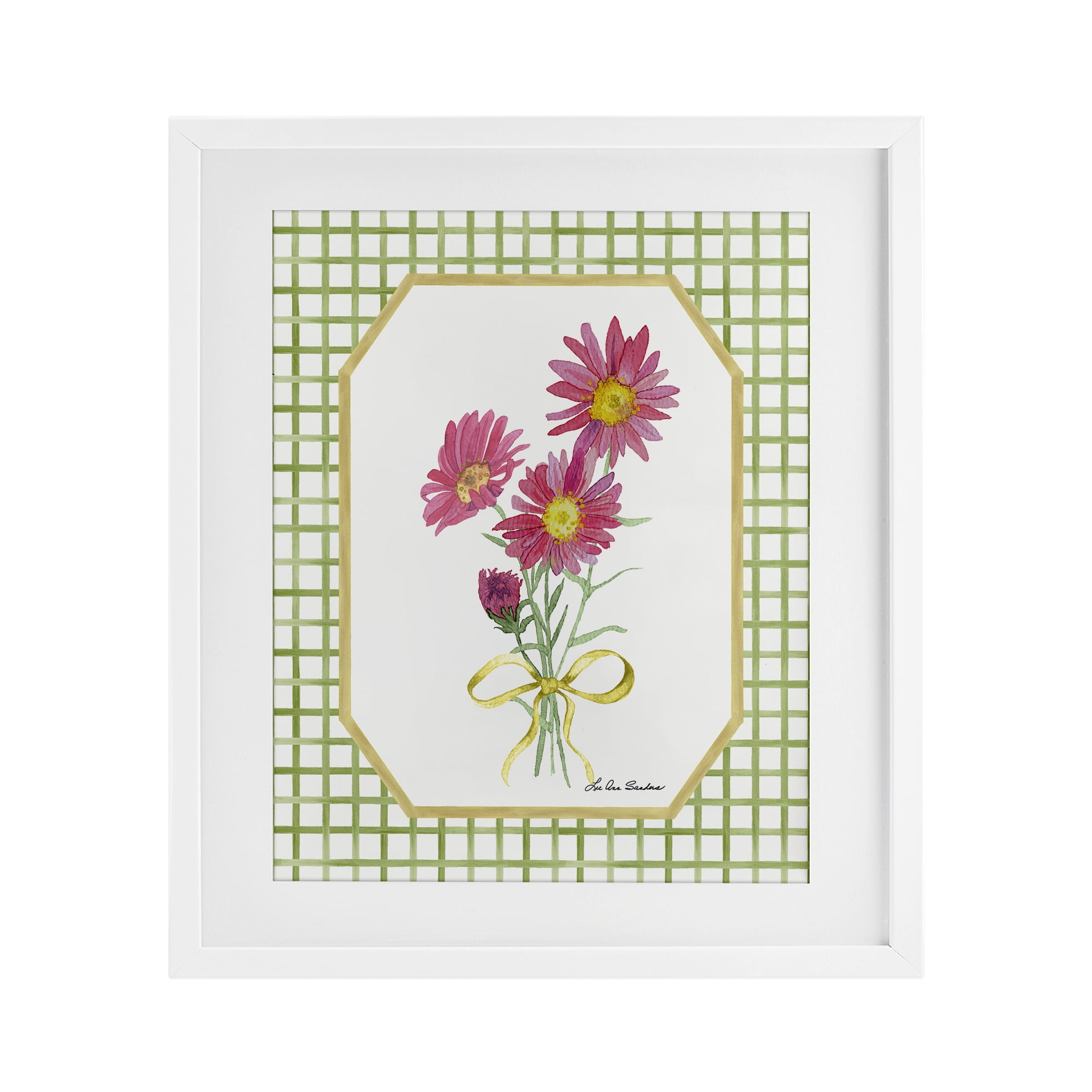 Botanical Story on Gingham White Framed Print Under Glass, design by Lee Ann Sanders