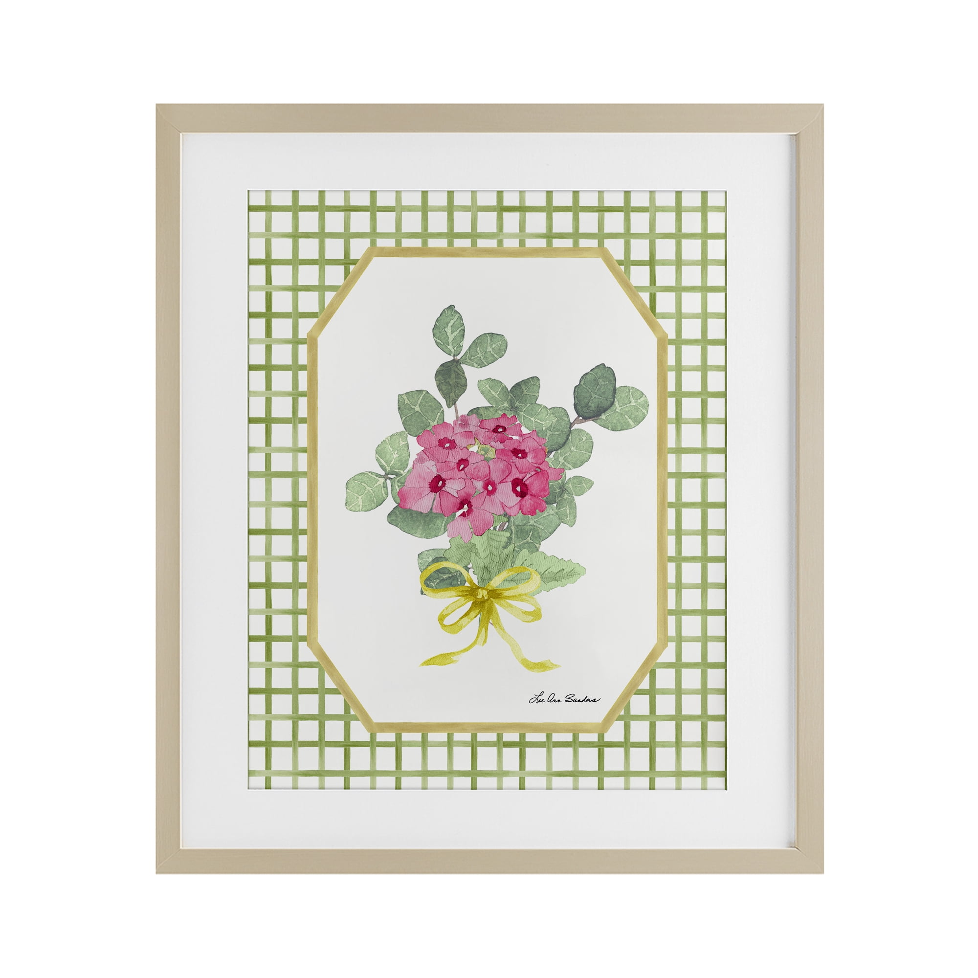 Botanical Story on Grid Pattern Birch Framed Print Under Glass, design by Lee Ann Sanders