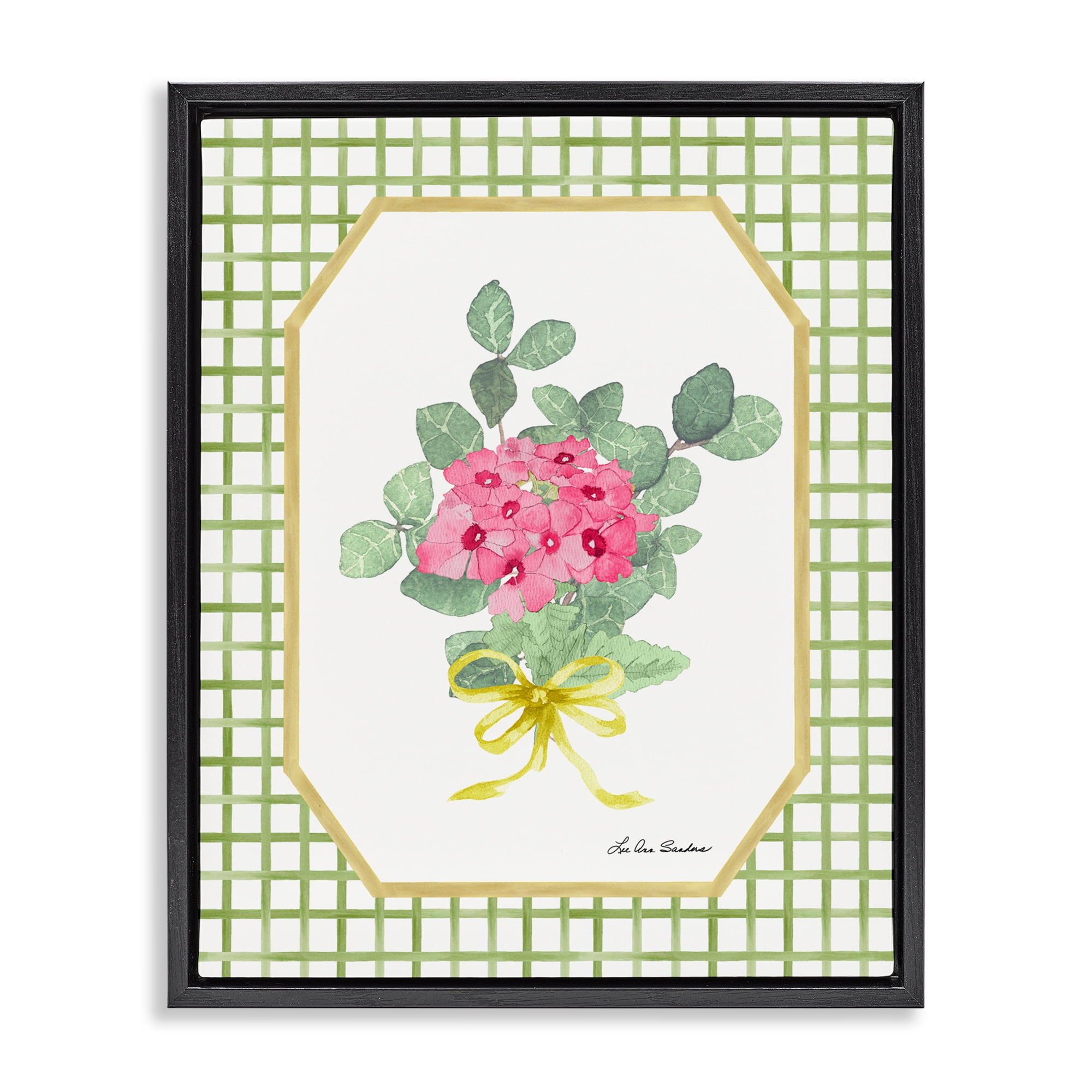 Botanical Story on Grid Pattern Black Framed Floater Canvas Wall Art, design by Lee Ann Sanders