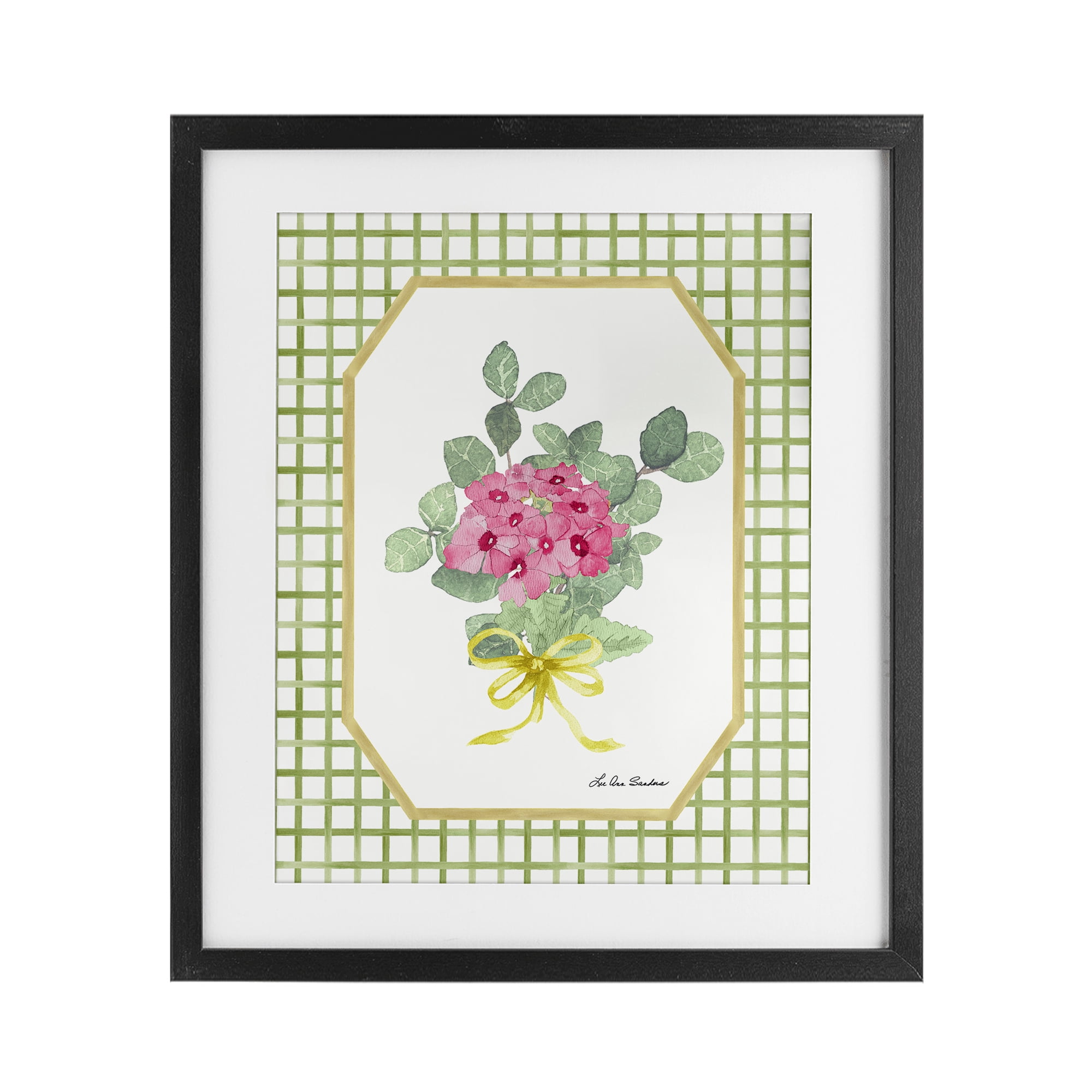 Botanical Story on Grid Pattern Black Framed Print Under Glass, design by Lee Ann Sanders