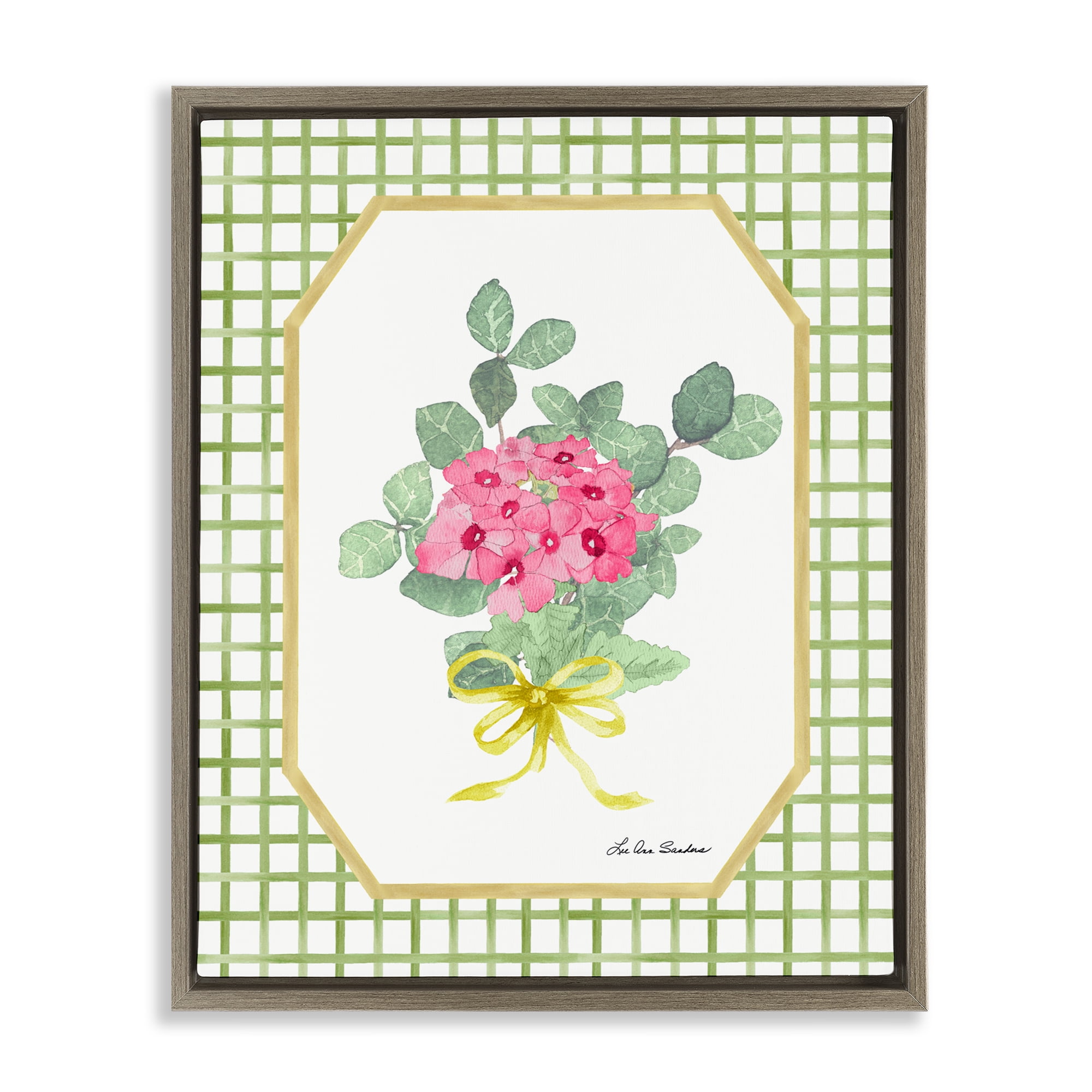 Botanical Story on Grid Pattern Brown Framed Floater Canvas Wall Art, design by Lee Ann Sanders