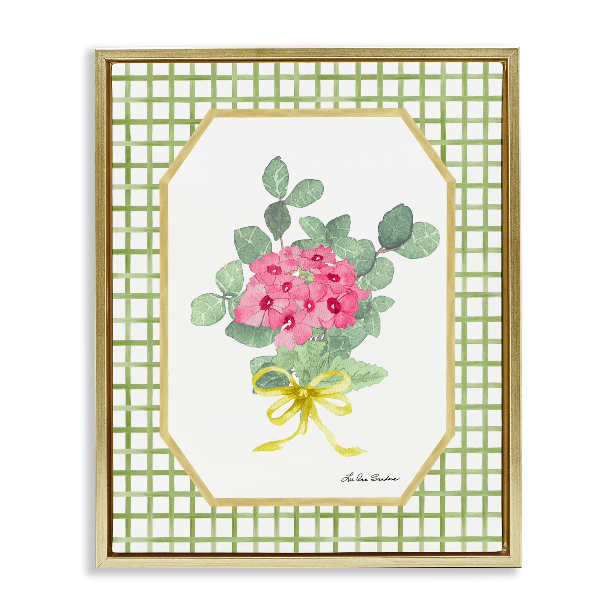 Botanical Story on Grid Pattern Gold Framed Floater Canvas Wall Art, design by Lee Ann Sanders