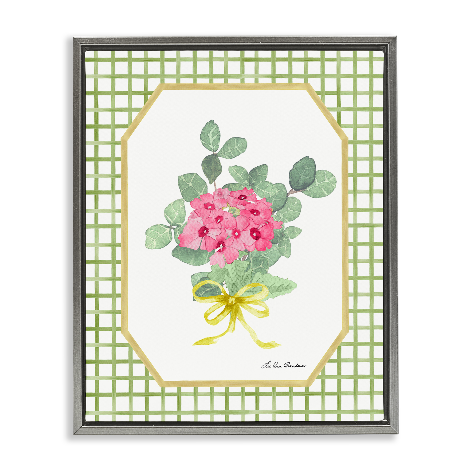 Botanical Story on Grid Pattern Gray Framed Floater Canvas Wall Art, design by Lee Ann Sanders