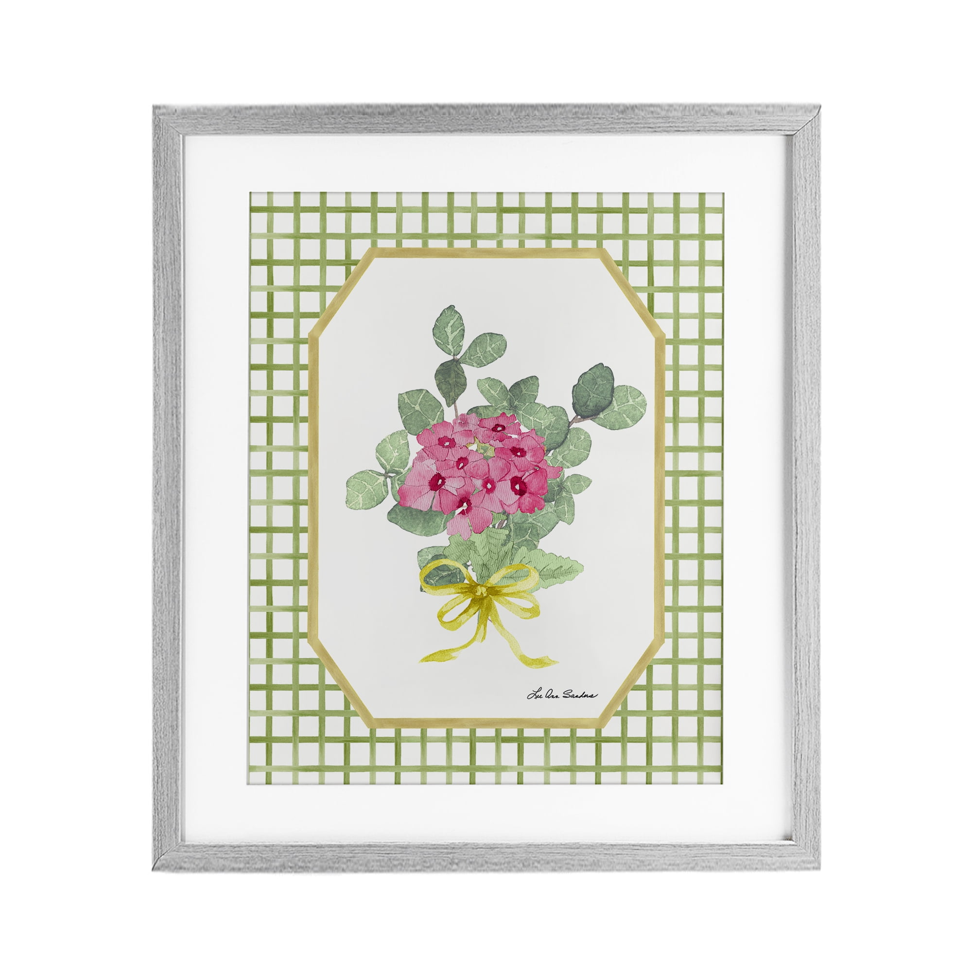 Botanical Story on Grid Pattern Gray Framed Print Under Glass, design by Lee Ann Sanders