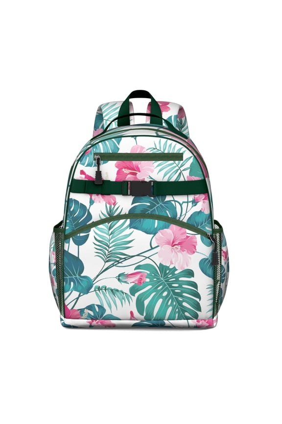Botanical Student Backpack Studentss Tropical Floral Hawaiian Print Jungle Leaves Exotic Summer Beach Hibiscus Lightweight Durable Chest Strap