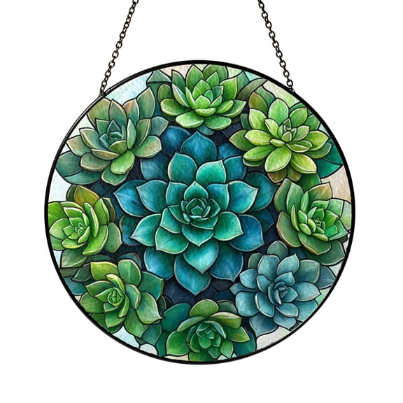 Botanical Succulent Illustration Glass Panel, Decorative Stained Glass Style Art