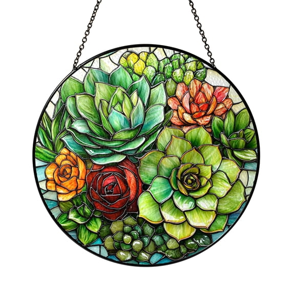 Botanical Succulent Window Panel, Faux Stained Glass Green Design for Garden and Indoor Decor Lovers
