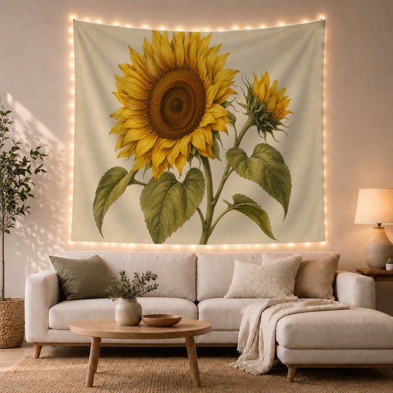 Botanical Sunflower on Muted Beige Background, Nostalgic Vintage for Nature Lovers, Botanical Wall Art, Housewarming Gift Tapestry Wall Hanging for Living Room and Bedroom