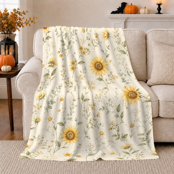 Botanical Sunflower Wildflower Pattern, Cozy Botanical Garden Scene, Warm Flannel Blanket for Sunroom and Reading Nook, Garden Lovers Thanksgiving Gift, Botanical Home Decor