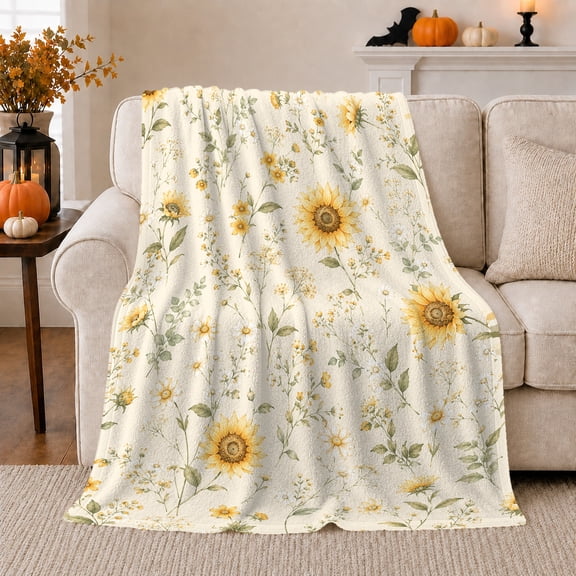 Botanical Sunflower Wildflower Pattern, Cozy Botanical Garden Scene, Warm Flannel Blanket for Sunroom and Reading Nook, Garden Lovers Thanksgiving Gift, Botanical Home Decor