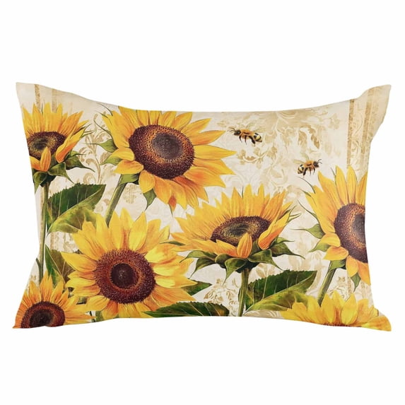 Botanical Sunflowers Throw Pillow Cover 16 x 24 Inch Decorative Pillow Cover Summer Garden Flowers Bees Rustic Lumbar Pillowcase Seasonal Rectangle Cushion Case for Couch Sofa Bed Living Room