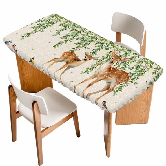 Botanical Table Cloths for 5 Foot Rectangle Tables, Spring Leaves Flowers Deers Birds Country Biege Patio Waterproof Elastic Fitted Tablecloths, Washable Rectangular Table Cover for Camping