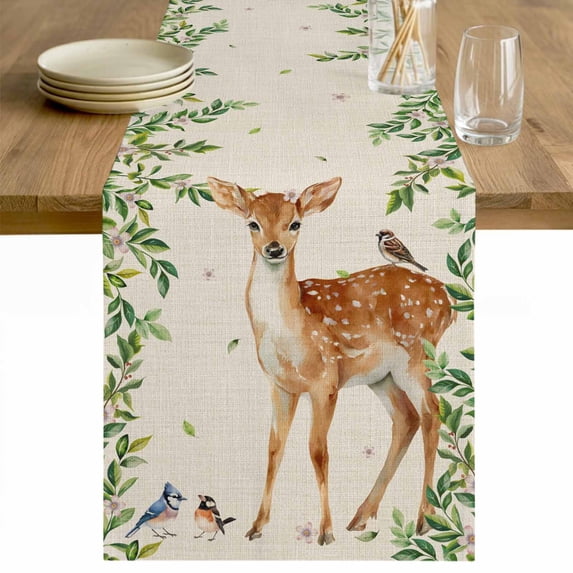 Botanical Table Runner - 48 Inch Long Spring Leaves Flowers Deers Birds Country Biege Cotton and Linen Blended Dress Scarves Farmhouse Table Runner for Kitchen Dining, Coffee Table, 13" x 48"