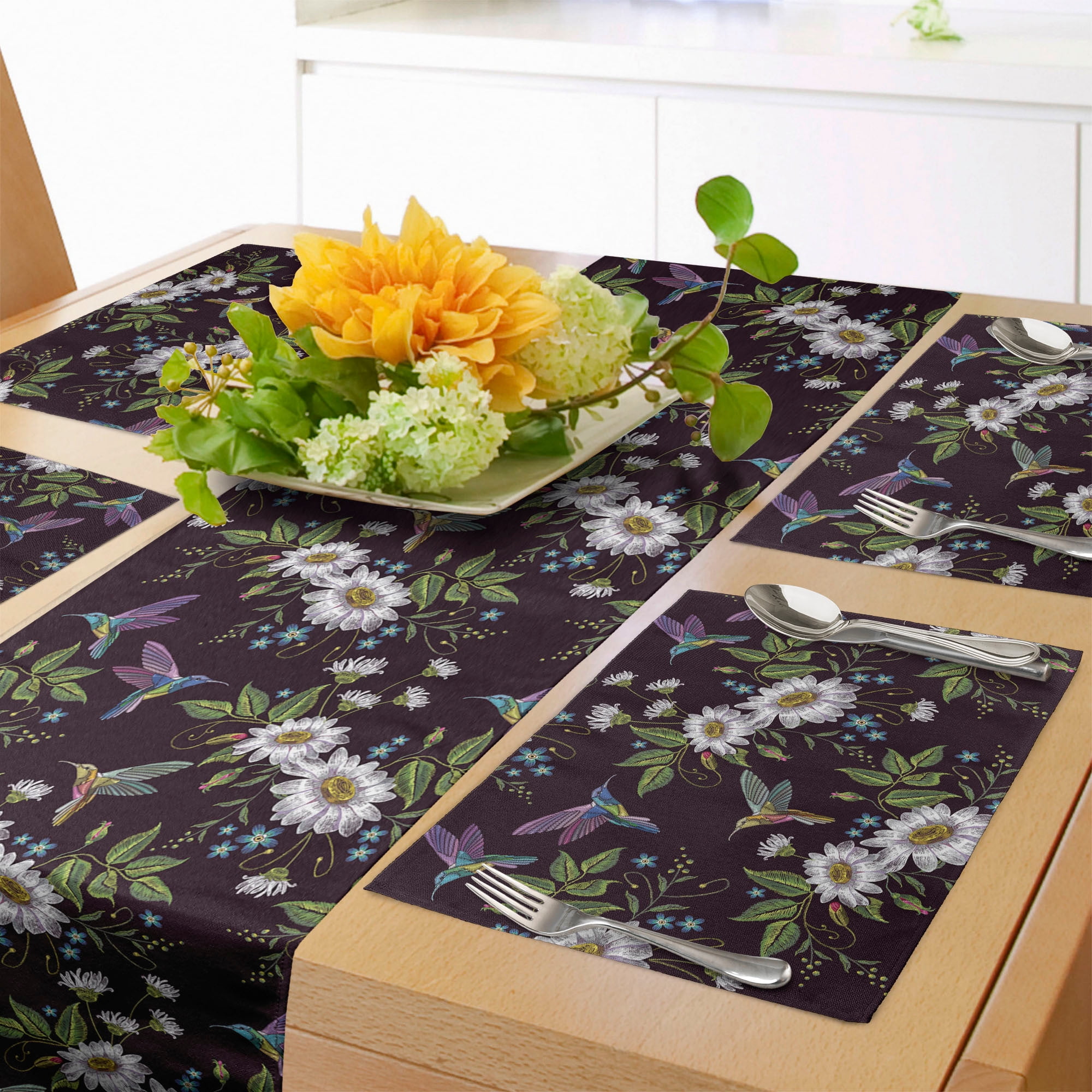 Botanical Table Runner & Placemats, Rhythmic Humming Birds Twigs