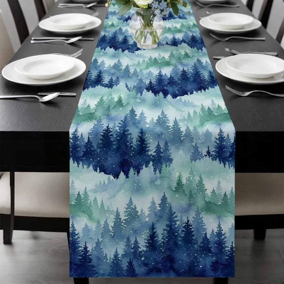 Botanical Table Runner, Spring Watercolor Blue Trees Mystic Romantic Forest Washable Cotton-linen Table Runners Dining Kitchen Decoration for Everyday Home Wedding Party Decor, 13 x 36 Inch