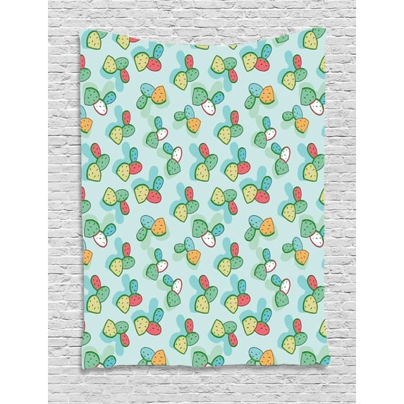 Botanical Tapestry, Cartoon Style Colorful Cactus Parts and Shades Reflected on Backdrop, Wall Hanging for Bedroom Living Room Dorm Decor, 40W X 60L Inches, Pale Blue Multicolor, by Ambesonne