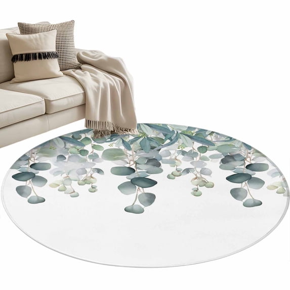 Botanical Teal Large Area Rugs for Bedroom Living Room, Soft Non Slip Carpet Bedside Rug, Watercolor Eucalyptus Leaves Spring Round Floor Cover Kitchen Accent Rug 3.3' for Dining Room/Office