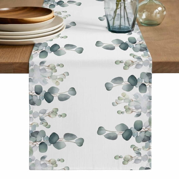 Botanical Teal Table Runner, Watercolor Eucalyptus Leaves Spring Washable Cotton Linen Table Runners 36 Inches Long, Dresser Scarf Runner for Nightstand/End Tables/Round Tables 13''x36''