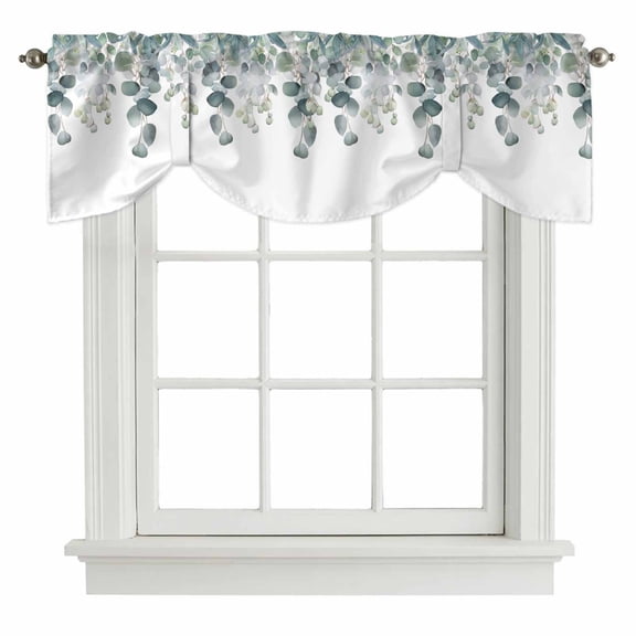 Botanical Teal Tie Up Valance Curtains for Windows, Kitchen Curtains Window Shades, Watercolor Eucalyptus Leaves Spring Light Filtering Roman Curtain Valances for Bedroom/Bathroom/Cafe 42"x18"