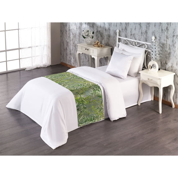 Botanical Theme Bed Runner, Garden Vibe Branch Pattern with Flowers on Retro Plaid Like Back, Decorative Accent Bedding Scarf for Hotels Homes & Guest Rooms, Twin, Lime Green Fern Green, by Ambesonne