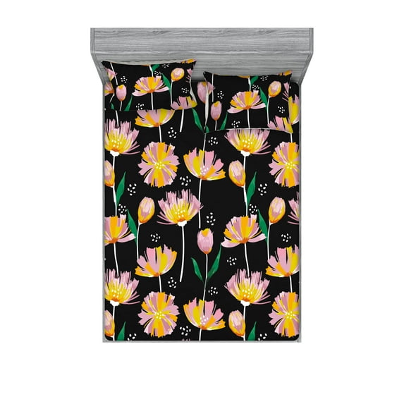 Botanical Themed Fitted Sheet & Pillow Sham Set, Blooming Tulip Pattern With Pastel Colors Simple Design Print, Decorative Printed 3 Piece Bedding Decor, Queen, Charcoal Grey Pale Pink, by Ambesonne