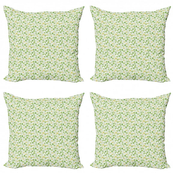 Botanical Throw Pillow Cushion Case Pack of 4, Abstract Illustration of Plantation Curlicue Style Peduncles, Modern Accent Double-Sided Print, 4 Sizes, Yellow Apple Green, by Ambesonne