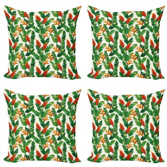 Botanical Throw Pillow Cushion Case Pack of 4, Abstract Vibrant Banana Leaves Rhythmic Pattern, Modern Accent Double-Sided Print, 4 Sizes, Fern Green Vermilion, by Ambesonne